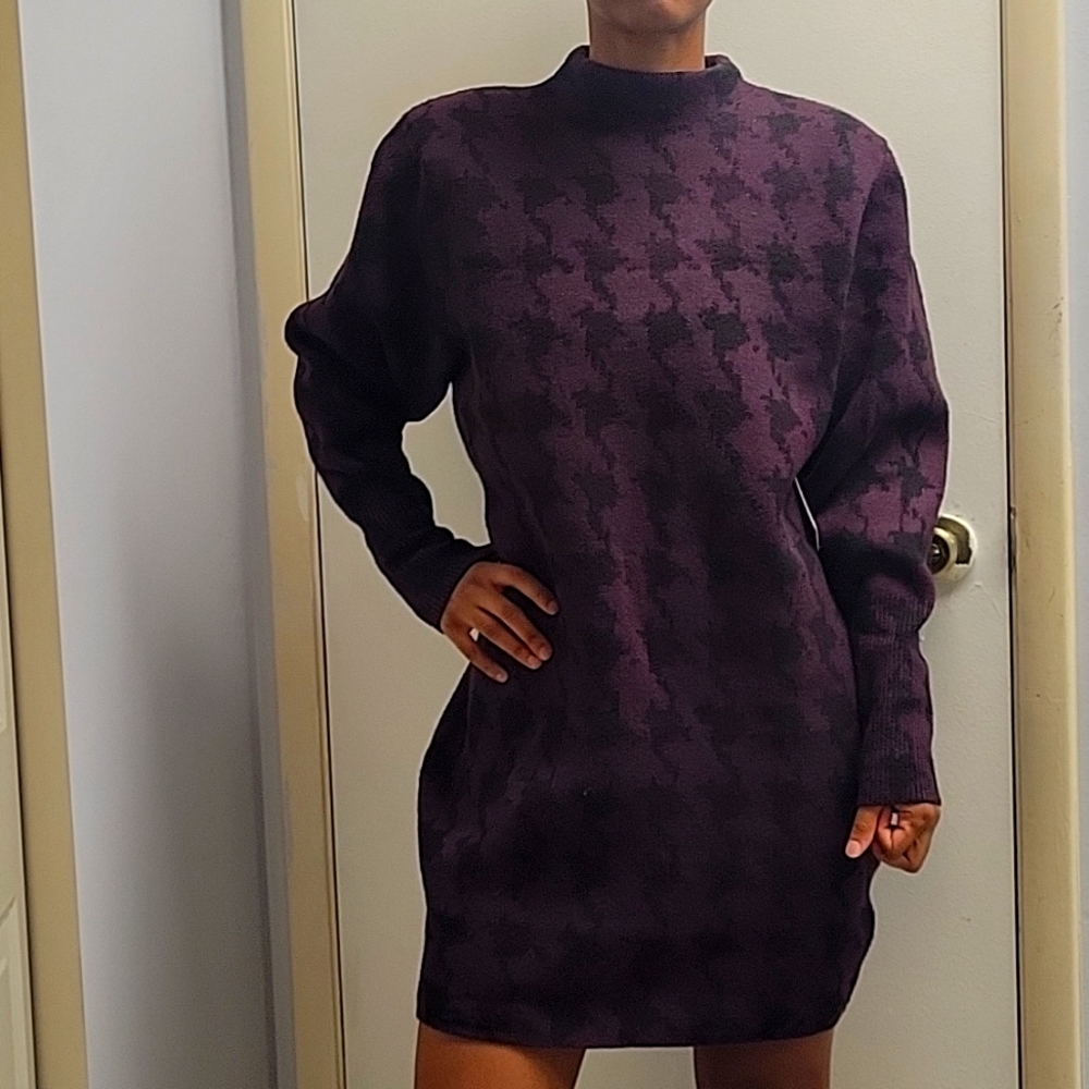 Eggplant and black houndstooth sweater dress